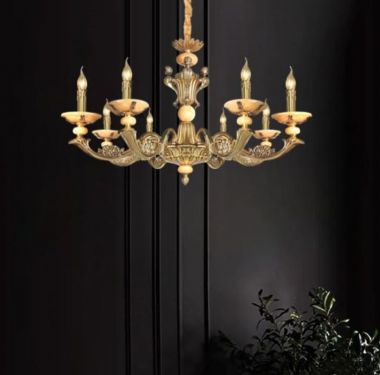 Đèn Chùm Đồng Cổ Điển Phòng Khách Chao Đá 8 Tay Nến D950mm DR-NC7004/8