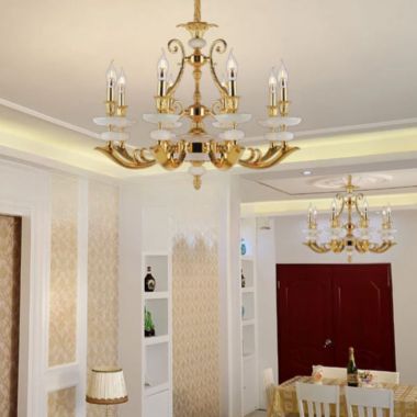 Đèn Chùm Đồng Mạ Vàng Chao Ngọc Thạch Trắng 8 Tay D820mm HP-CĐ1250/8