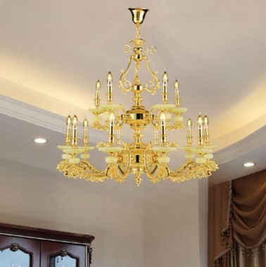 Đèn Chùm Đồng Cổ Điển Nguyên Chất Chao Đá 15 Tay D950mm HP-CD1217/10+5