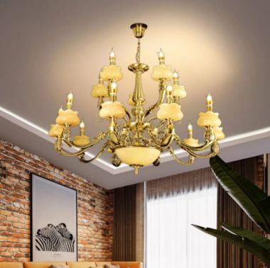 Đèn Chùm Đồng Cổ Điển Chao Đá Cao Cấp 15 Tay D1030mm HP-CD1205/10+5
