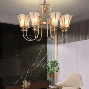 Đèn Chùm Đồng Cổ Điển Chao Đá Treo Phòng Khách 8 Tay D900mm DR-C2208/8