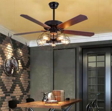 Quạt Trần Đèn Chùm Lồng Sắt Cánh Gỗ Trang Trí Phòng Khách PH-QVifa07
