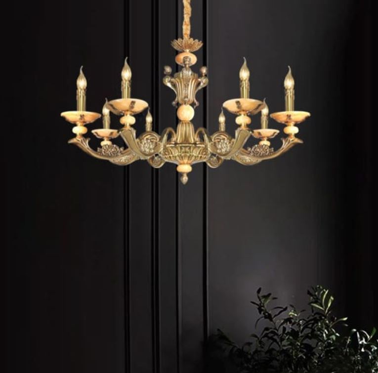 Đèn Chùm Đồng Cổ Điển Phòng Khách Chao Đá 8 Tay Nến D950mm DR-NC7004/8