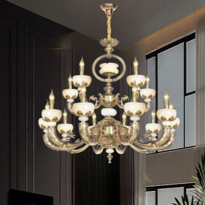 Đèn Chùm Đồng Cổ Điển Phòng Khách 15 Tay Chao Đá D850mm DR-C6029/10+5