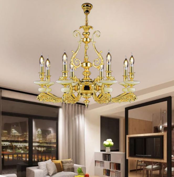 Đèn Chùm Đồng Cổ Điển Nguyên Chất Chao Đá 8 Tay Nến D820mm HP-CD1217/8