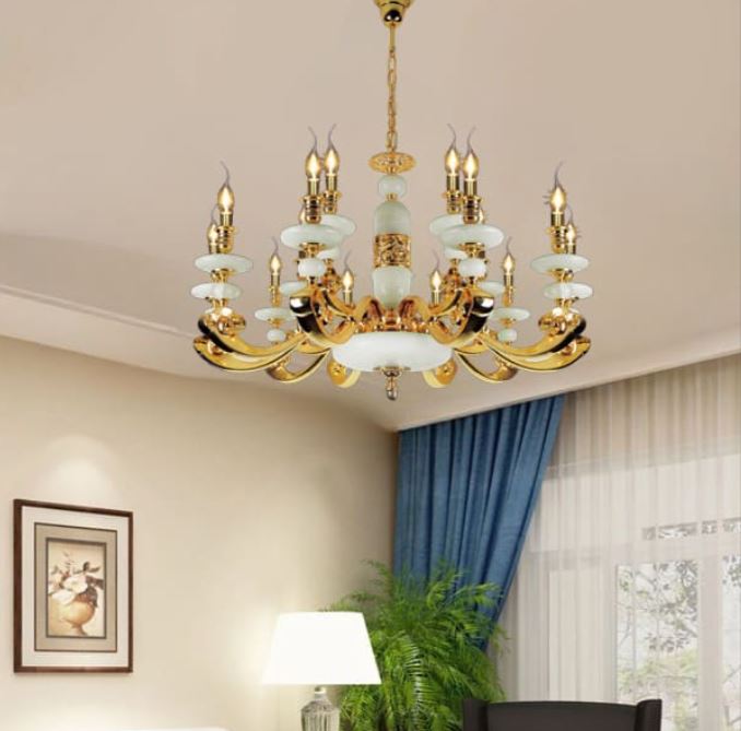 Đèn Chùm Đồng Cổ Điển Nguyên Chất Chao Đá 15 Tay D1000mm HP-CD1162/15