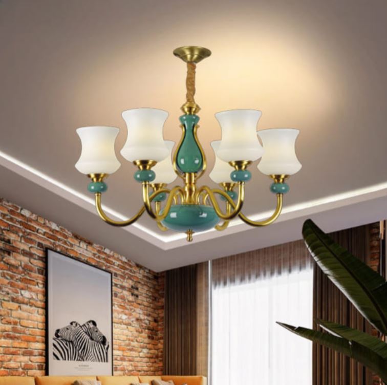 Đèn Chùm Đồng Nguyên Chất Chao Thủy Tinh Đẹp 6 Tay D750mm HP-CD881/6