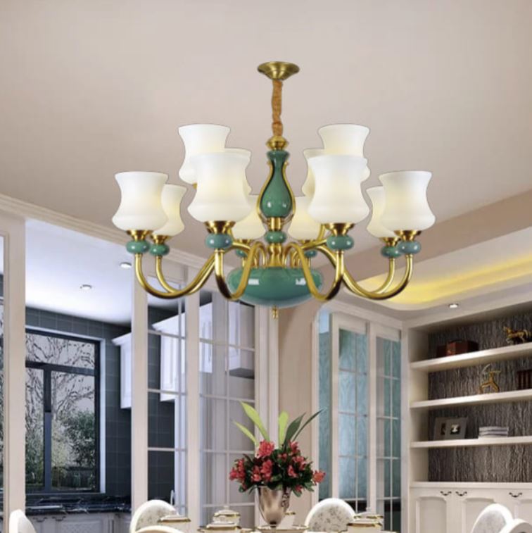 Đèn Chùm Đồng Nguyên Chất Chao Thủy Tinh 12 Tay D960mm HP-CD881/8+4
