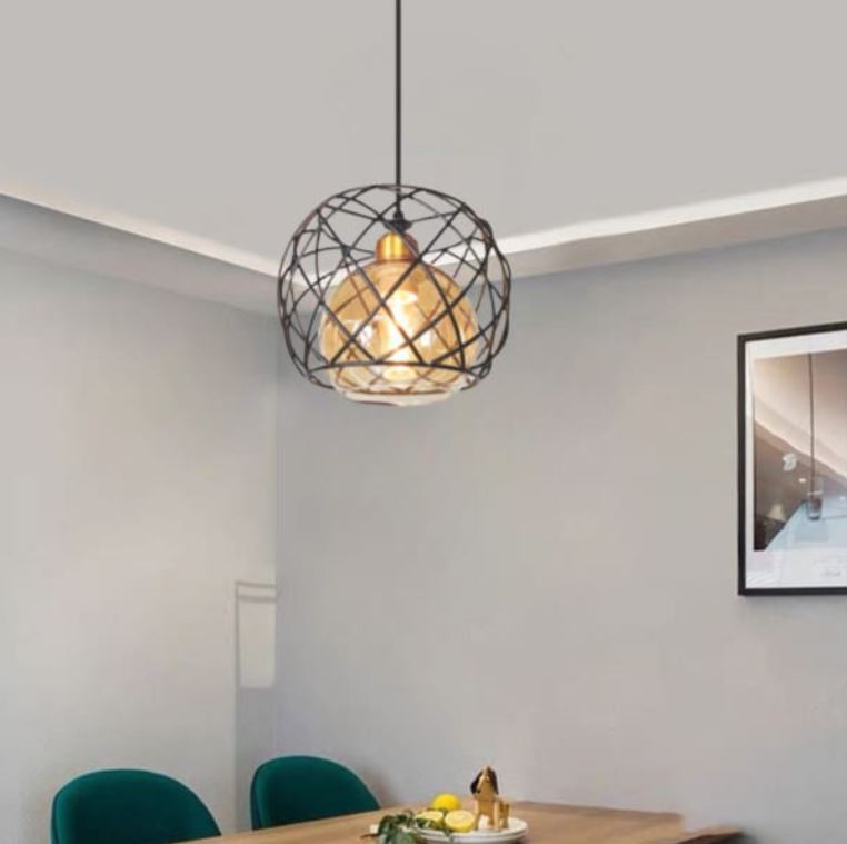 Đèn Thả 1 Bóng Lồng Sắt Hình Cầu Chao Thủy Tinh Cho Bàn Cafe DR-NB1059