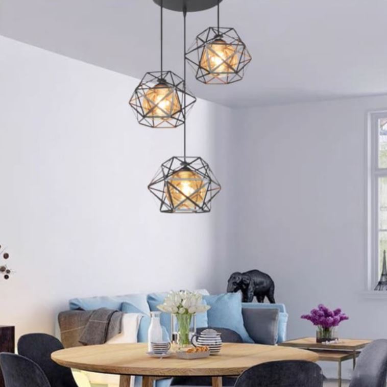 Đèn Thả 3 Bóng Trang Trí Quán Cafe Lồng Sắt Hình Kim Cương DR-NB1041/3