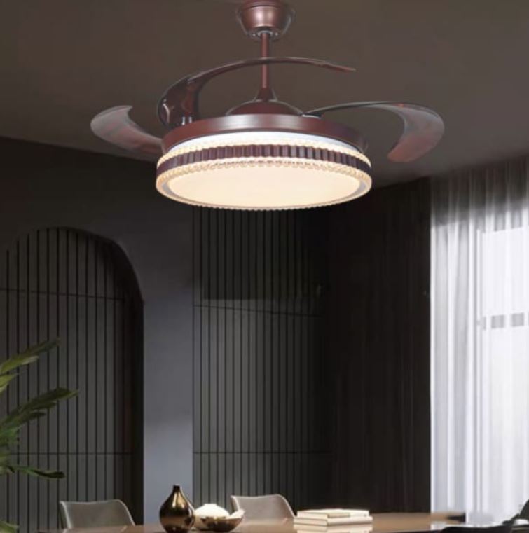 Quạt Trần Cánh Cụp Cánh Xòe Bằng Nhựa Màu Nâu Có Gắn Đèn Led DR-Q9315