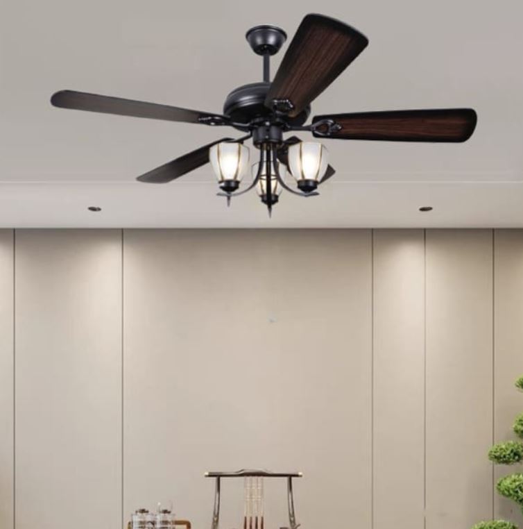 Quạt Trần Đèn Chùm Phòng Khách Cổ Điển, 5 Cánh Gỗ Màu Nâu PH-QVifa73