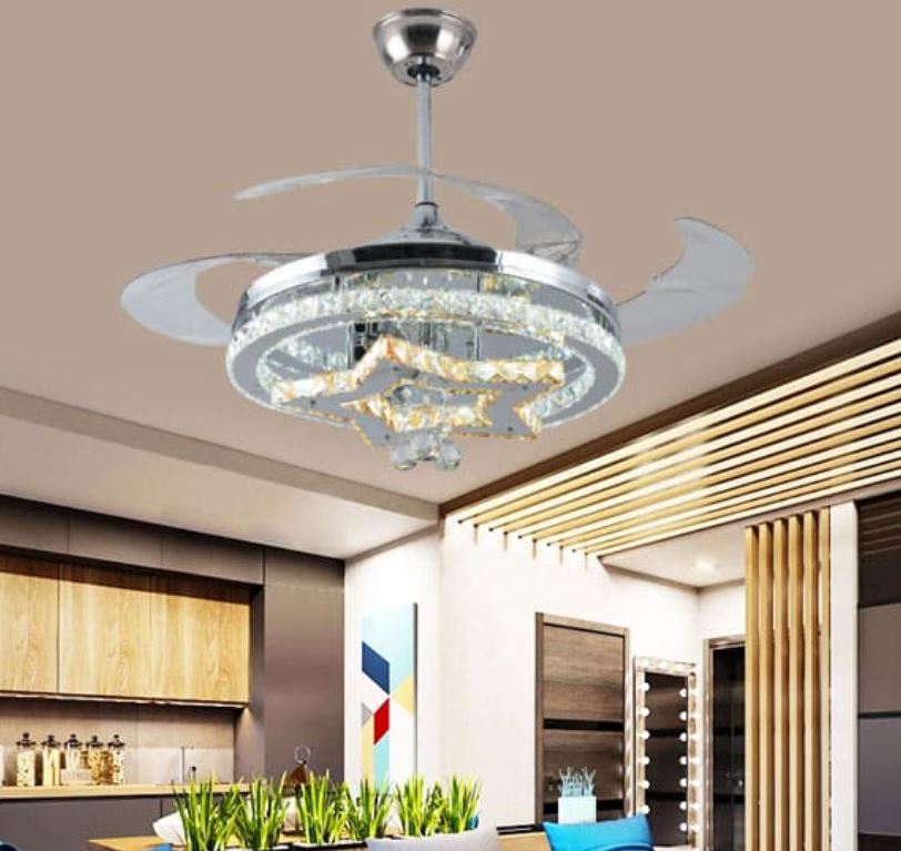 Quạt Trần Có Đèn Chùm Pha Lê Giấu Cánh Trang Trí Phòng Khách HP-DQ6063