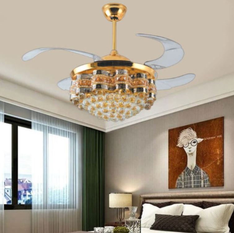 Quạt Trần Có Đèn Chùm Pha Lê Giấu Cánh Trang Trí Phòng Khách HP-DQ9303