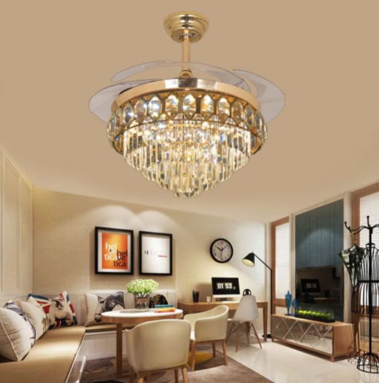 Quạt Trần Có Đèn Chùm Pha Lê Giấu Cánh Trang Trí Phòng Khách HP-DQ6139