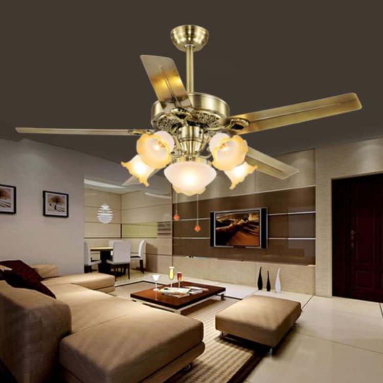 Quạt Trần Đèn Chùm Chao Thủy Tinh, Cánh Sắt Màu Xi Đồng PH-QVifa05-21