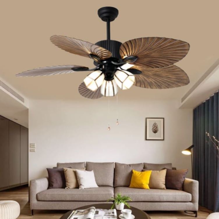 Quạt Trần Đèn Chùm Chao Thủy Tinh, Cánh Nhựa ABS Hình Lá PH-QVifa49