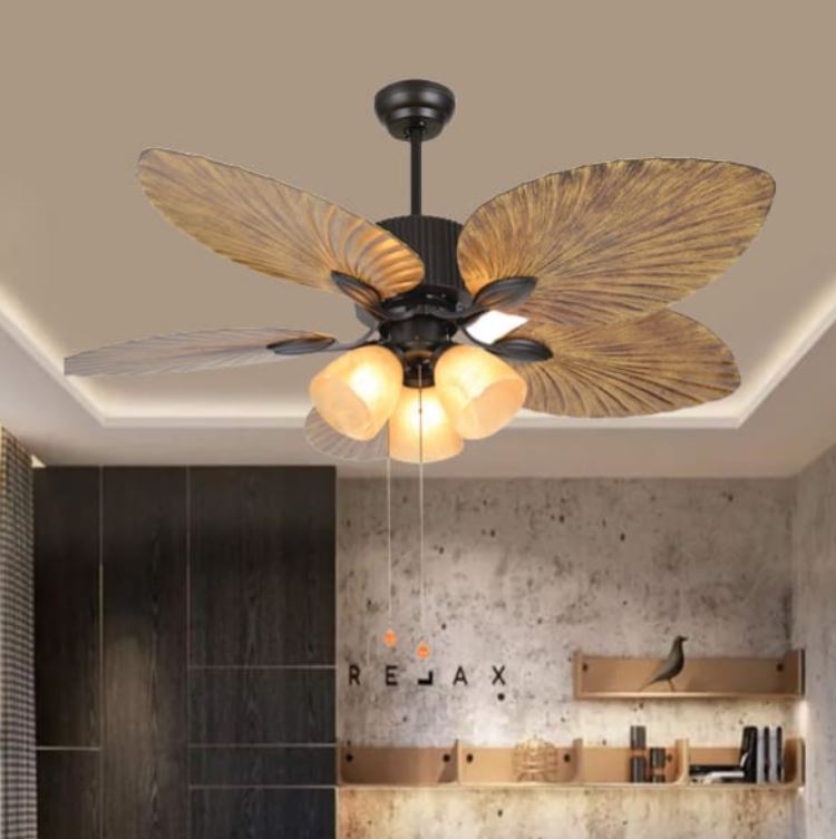 Quạt Trần Đèn Chùm Chao Thủy Tinh, Cánh Nhựa ABS Hình Lá PH-QVifa50