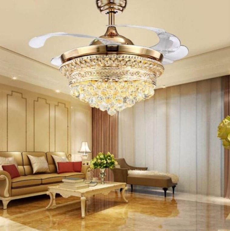 Quạt Trần Có Đèn Chùm Pha Lê Giấu Cánh Trang Trí Phòng Khách VA-QT883