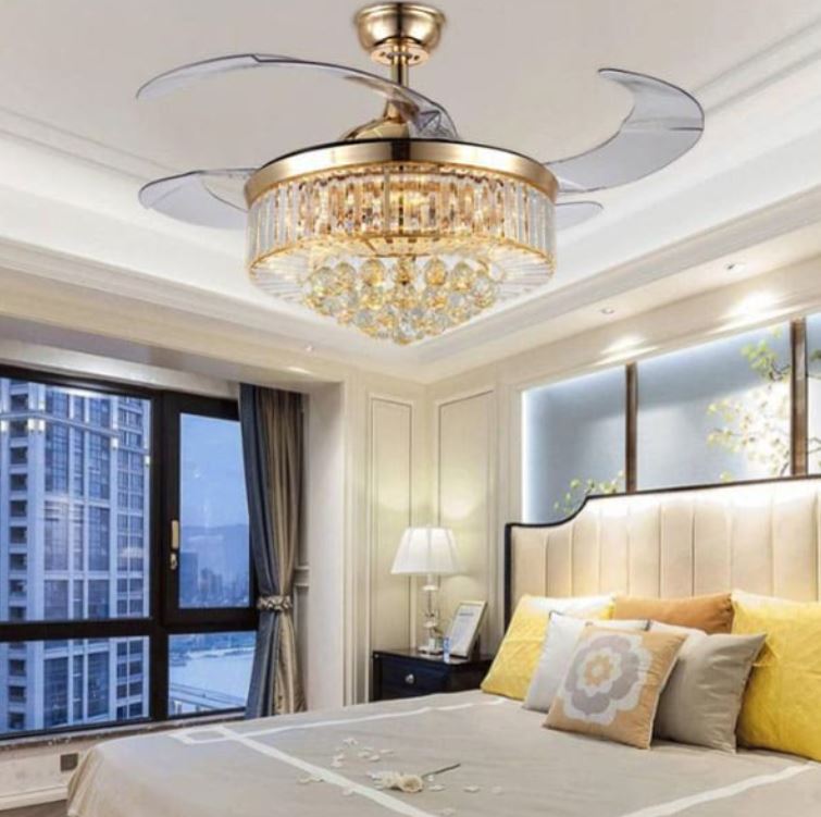 Quạt Trần Đèn Chùm Pha Lê Giấu Cánh Trang Trí Phòng Khách DC-QT4240